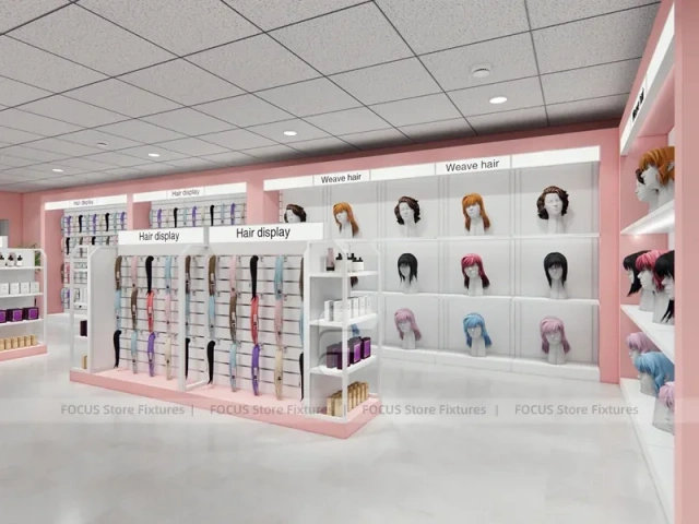 Pink Hair Extension Slatwall Boutique Store Layout for Beauty Store