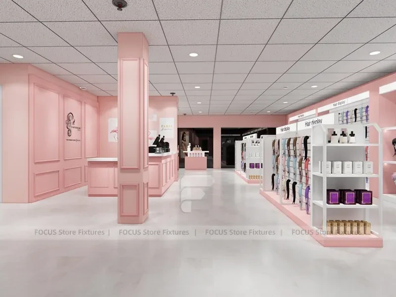 Pink Hair Extension Slatwall Boutique Store Layout for Beauty Store