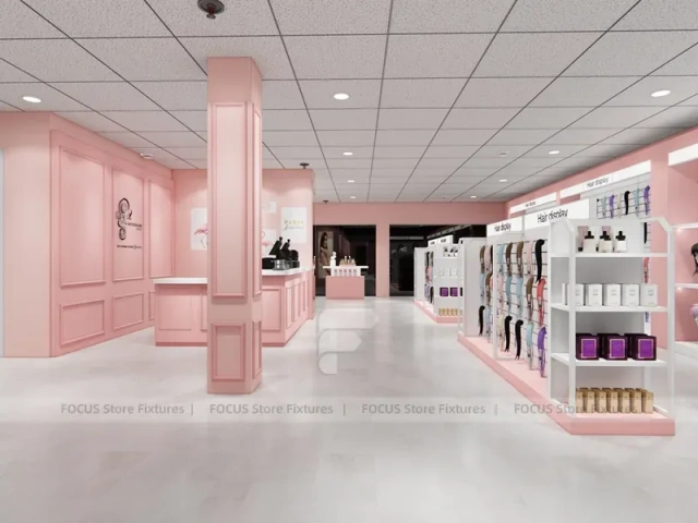Pink Hair Extension Slatwall Boutique Store Layout for Beauty Store