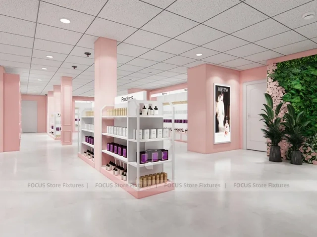Pink Hair Extension Slatwall Boutique Store Layout for Beauty Store