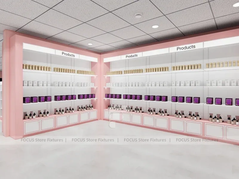 Pink Hair Extension Slatwall Boutique Store Layout for Beauty Store
