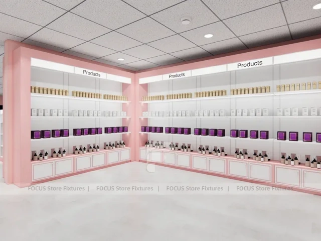 Pink Hair Extension Slatwall Boutique Store Layout for Beauty Store