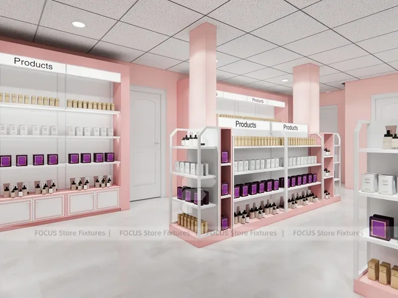 Pink Hair Extension Slatwall Boutique Store Layout for Beauty Store