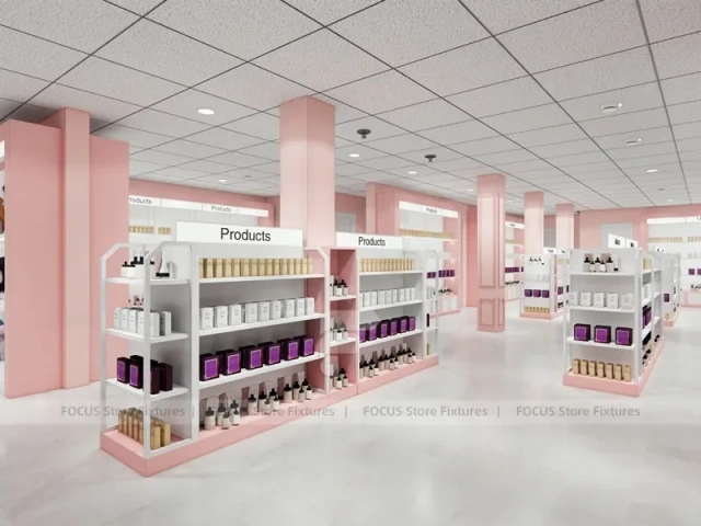 Pink Hair Extension Slatwall Boutique Store Layout for Beauty Store
