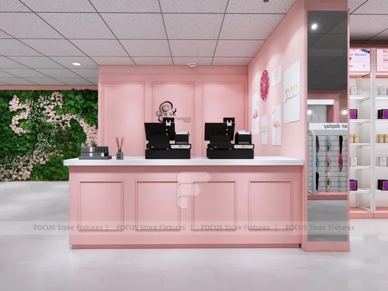 Pink Hair Extension Slatwall Boutique Store Layout for Beauty Store