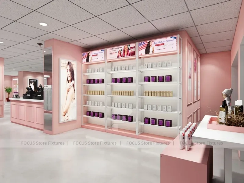 Pink Hair Extension Slatwall Boutique Store Layout for Beauty Store
