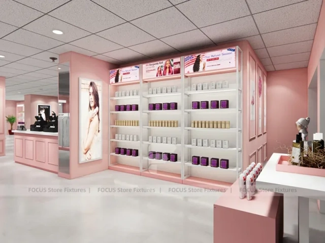 Pink Hair Extension Slatwall Boutique Store Layout for Beauty Store