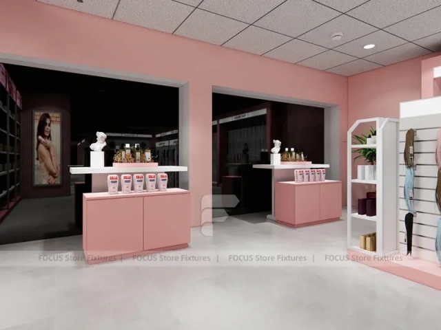 Pink Hair Extension Slatwall Boutique Store Layout for Beauty Store