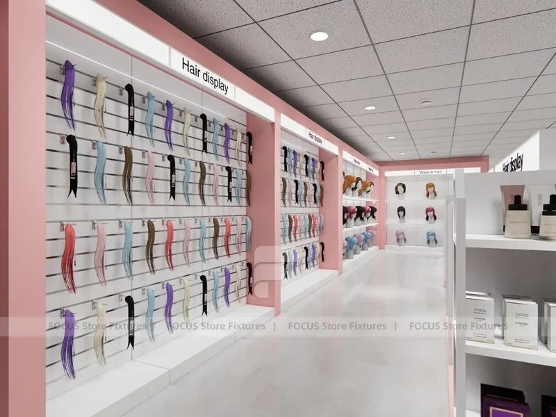 Pink Hair Extension Slatwall Boutique Store Layout for Beauty Store