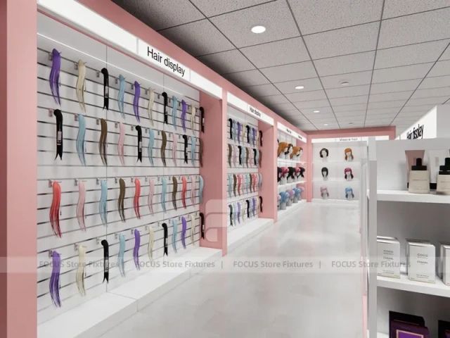 Pink Hair Extension Slatwall Boutique Store Layout for Beauty Store