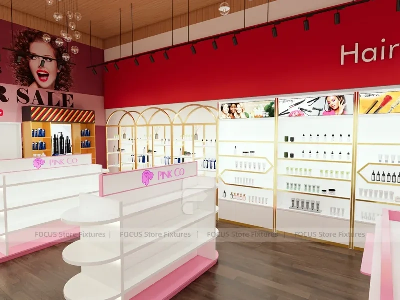 Pink Salon Shelving with Gold Arch Wall and Front Islands for Wig Beauty Store