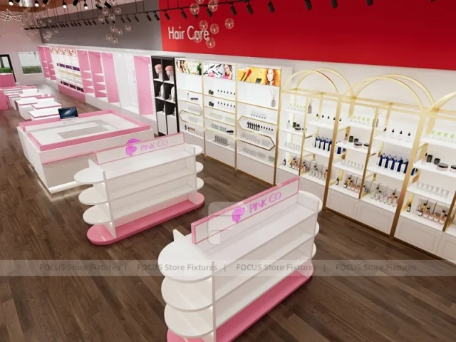 Pink Salon Shelving with Gold Arch Wall and Front Islands for Wig Beauty Store