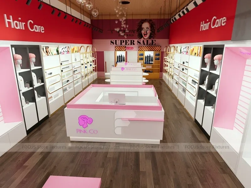Pink Salon Shelving with Gold Arch Wall and Front Islands for Wig Beauty Store