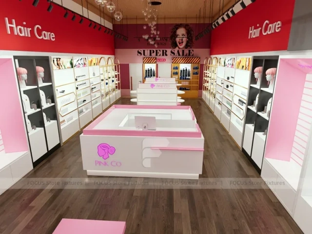 Pink Salon Shelving with Gold Arch Wall and Front Islands for Wig Beauty Store