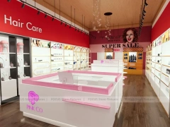 Pink Salon Shelving with Gold Arch Wall and Front Islands for Wig Beauty Store