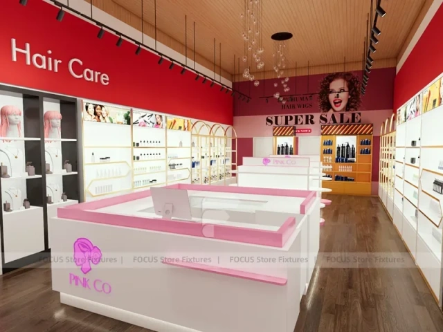 Pink Salon Shelving with Gold Arch Wall and Front Islands for Wig Beauty Store