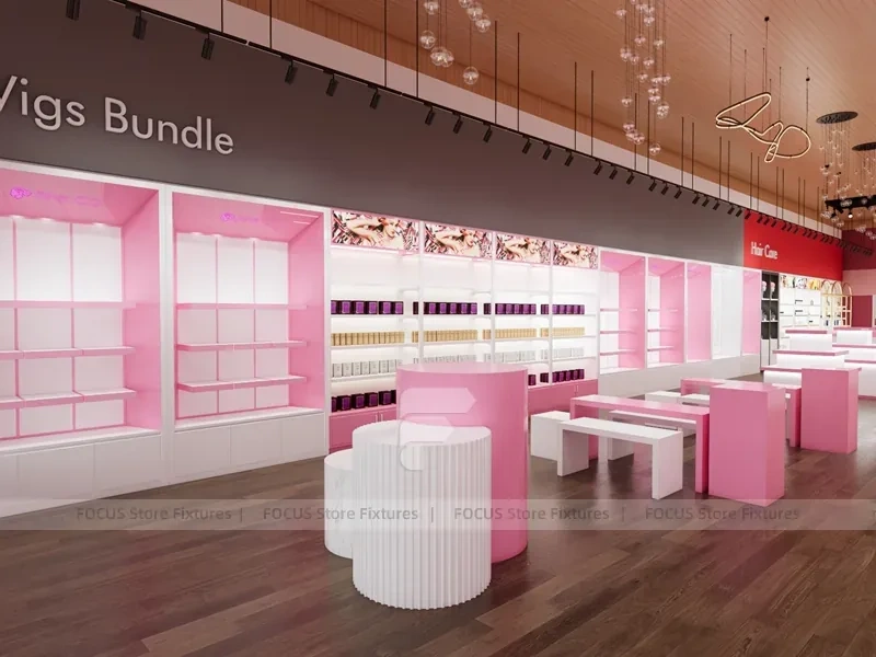 Pink Wig Boutique Wall Shelving with Central Demo Tables for Beauty Store