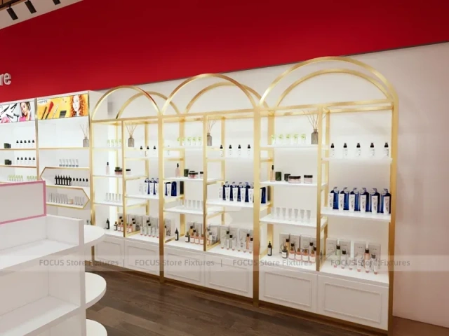 Pink Wig Boutique Wall Shelving with Central Demo Tables for Beauty Store