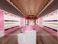 Pink Wig Boutique Wall Shelving with Central Demo Tables for Beauty Store
