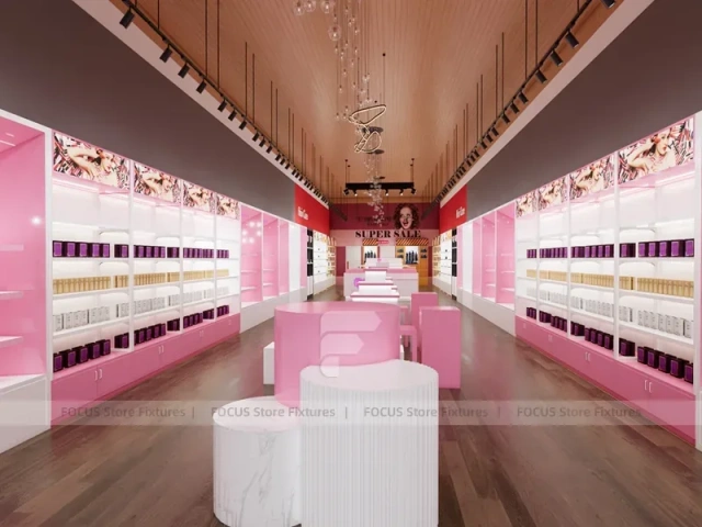 Pink Wig Boutique Wall Shelving with Central Demo Tables for Beauty Store