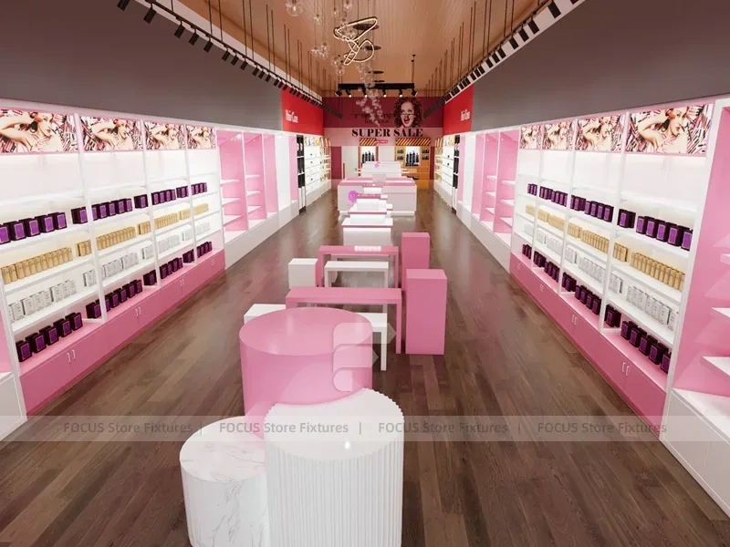 Pink Wig Boutique Wall Shelving with Central Demo Tables for Beauty Store