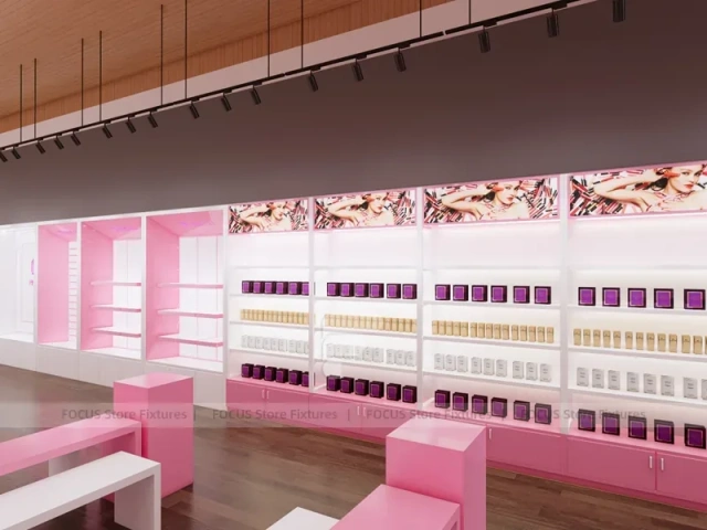 Pink Wig Boutique Wall Shelving with Central Demo Tables for Beauty Store