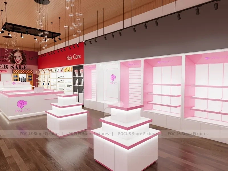 Pink Wig Boutique Wall Shelving with Central Demo Tables for Beauty Store