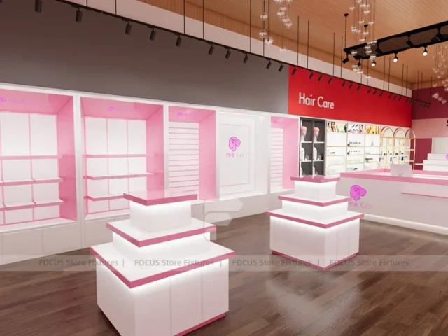Pink Wig Boutique Wall Shelving with Central Demo Tables for Beauty Store