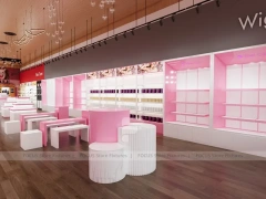 Pink Wig Boutique Wall Shelving with Central Demo Tables for Beauty Store