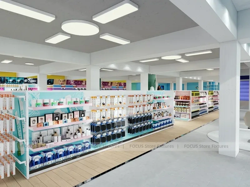White Beauty Aisle Shelving with Long Wall Storage Run for Wig Shop