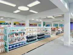 White Beauty Aisle Shelving with Long Wall Storage Run for Wig Shop