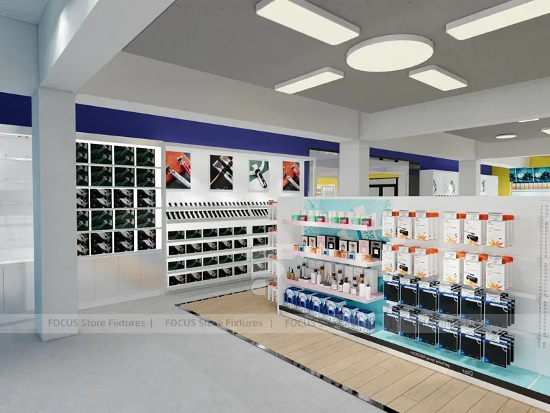 White Beauty Aisle Shelving with Long Wall Storage Run for Wig Shop