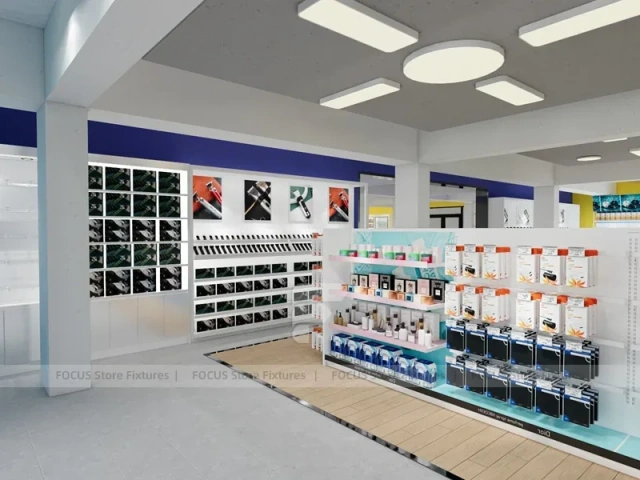 White Beauty Aisle Shelving with Long Wall Storage Run for Wig Shop