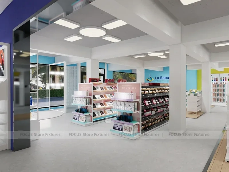 White Beauty Aisle Shelving with Long Wall Storage Run for Wig Shop