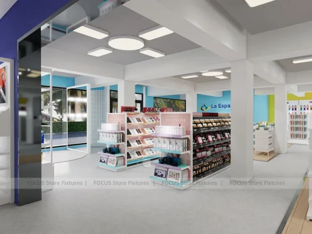 White Beauty Aisle Shelving with Long Wall Storage Run for Wig Shop