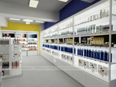 White Beauty Aisle Shelving with Long Wall Storage Run for Wig Shop