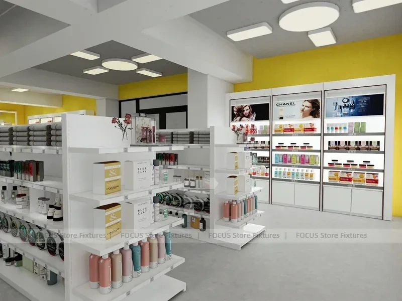 White Beauty Aisle Shelving with Long Wall Storage Run for Wig Shop