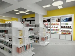White Beauty Aisle Shelving with Long Wall Storage Run for Wig Shop