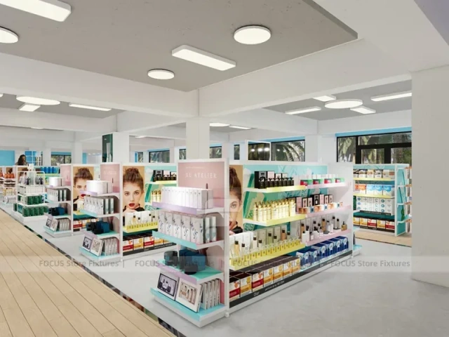 White Beauty Aisle Shelving with Long Wall Storage Run for Wig Shop