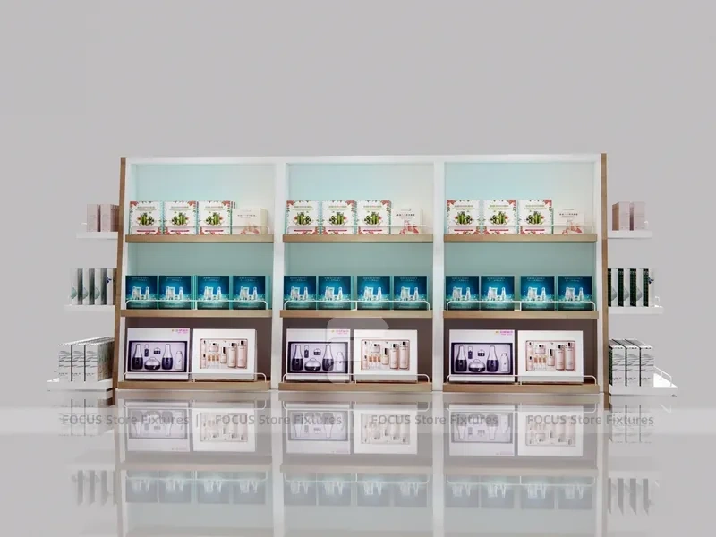 White Beauty Care Backwall Display with Glazed Top Showcase for Wig Shop
