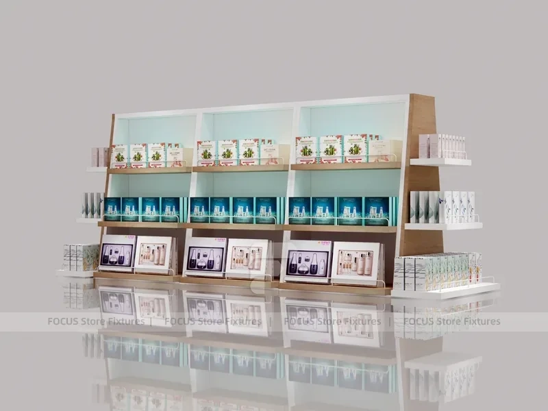 White Beauty Care Backwall Display with Glazed Top Showcase for Wig Shop