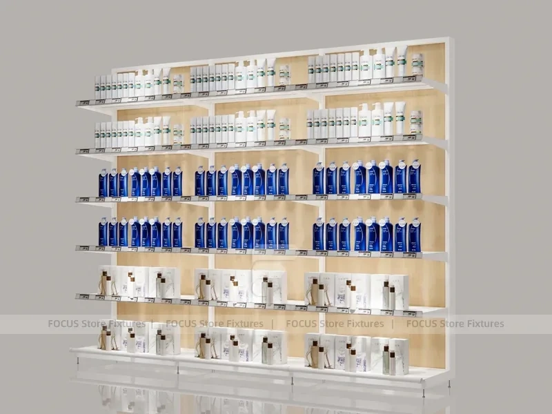 White Beauty Product Wall Shelving with Integrated Lighting for Wig Shop