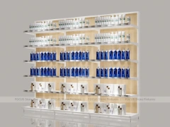 White Beauty Product Wall Shelving with Integrated Lighting for Wig Shop
