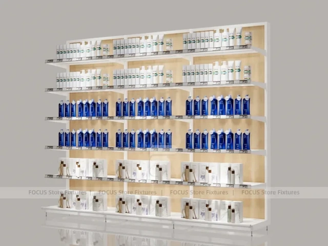 White Beauty Product Wall Shelving with Integrated Lighting for Wig Shop