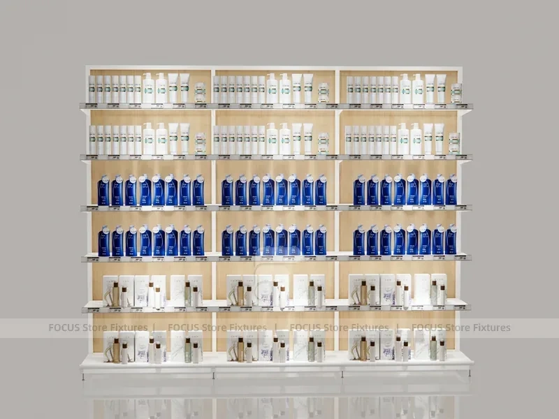 White Beauty Product Wall Shelving with Integrated Lighting for Wig Shop
