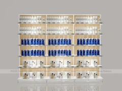White Beauty Product Wall Shelving with Integrated Lighting for Wig Shop
