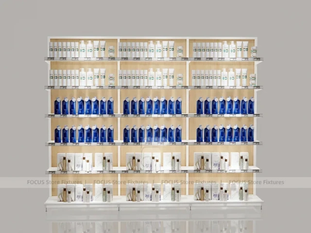 White Beauty Product Wall Shelving with Integrated Lighting for Wig Shop