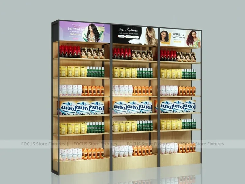 White Beauty Product Wall Shelving with Integrated Lighting for Wig Shop