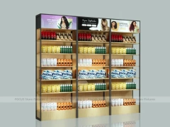 White Beauty Product Wall Shelving with Integrated Lighting for Wig Shop