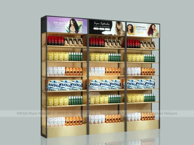 White Beauty Product Wall Shelving with Integrated Lighting for Wig Shop
